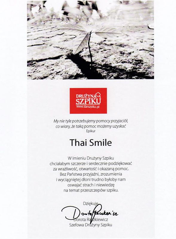 Działalność charytatywna Thai Smile 2017 Drużyna Szpiku - Podziękowania